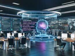 Moderne Redaktion mit Redakteuren an holografischen Interfaces, digitalen Monitoren und zentralem KI-Editor-Interface, umgeben von innovativen Visualisierungen und einer dynamischen Arbeitsatmosphäre.