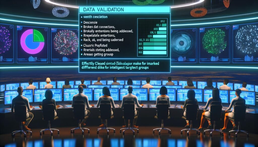 Digitale Marketer arbeiten im modernen Kontrollraum mit multiscreen Dashboards, Datenvalidierung und Datenbereinigung, um saubere und zielgerichtete Informationen zu gewährleisten.