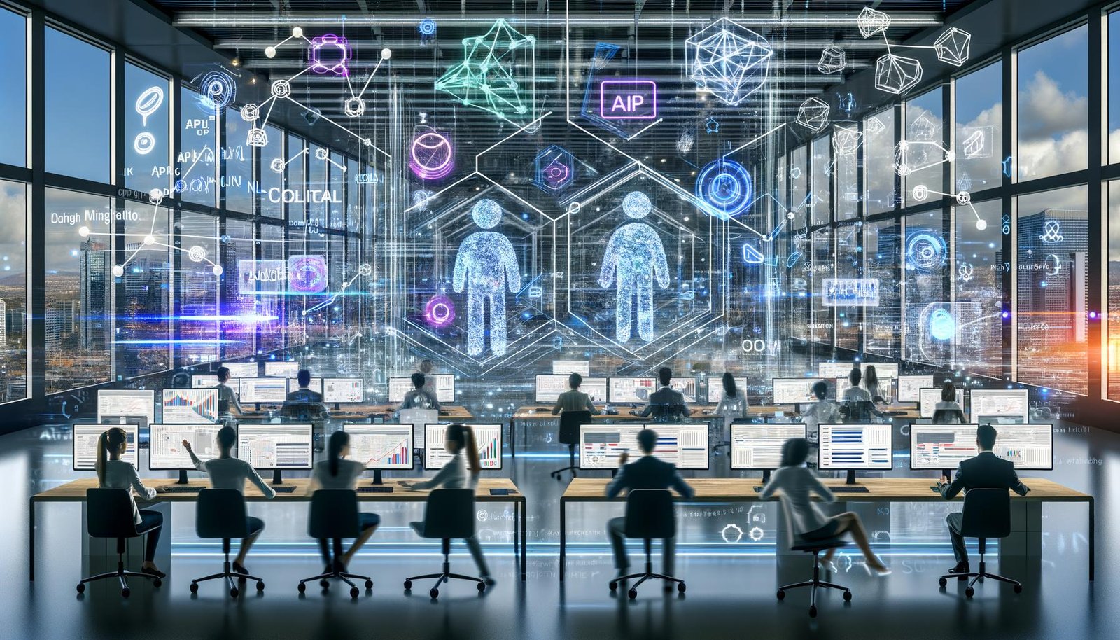 Futuristisches Büro mit menschlichen Editoren und KI-Avataren, die gemeinsam an holographischen Dashboards und Algorithmen arbeiten