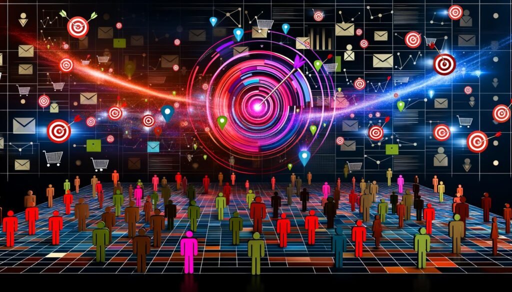 Digitale Illustration einer Menschenmenge mit leuchtenden Datenströmen, Symbolen für Targeting und Marketing sowie vernetzten Dashboards im Hintergrund.