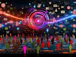 Digitale Illustration einer Menschenmenge mit leuchtenden Datenströmen, Symbolen für Targeting und Marketing sowie vernetzten Dashboards im Hintergrund.