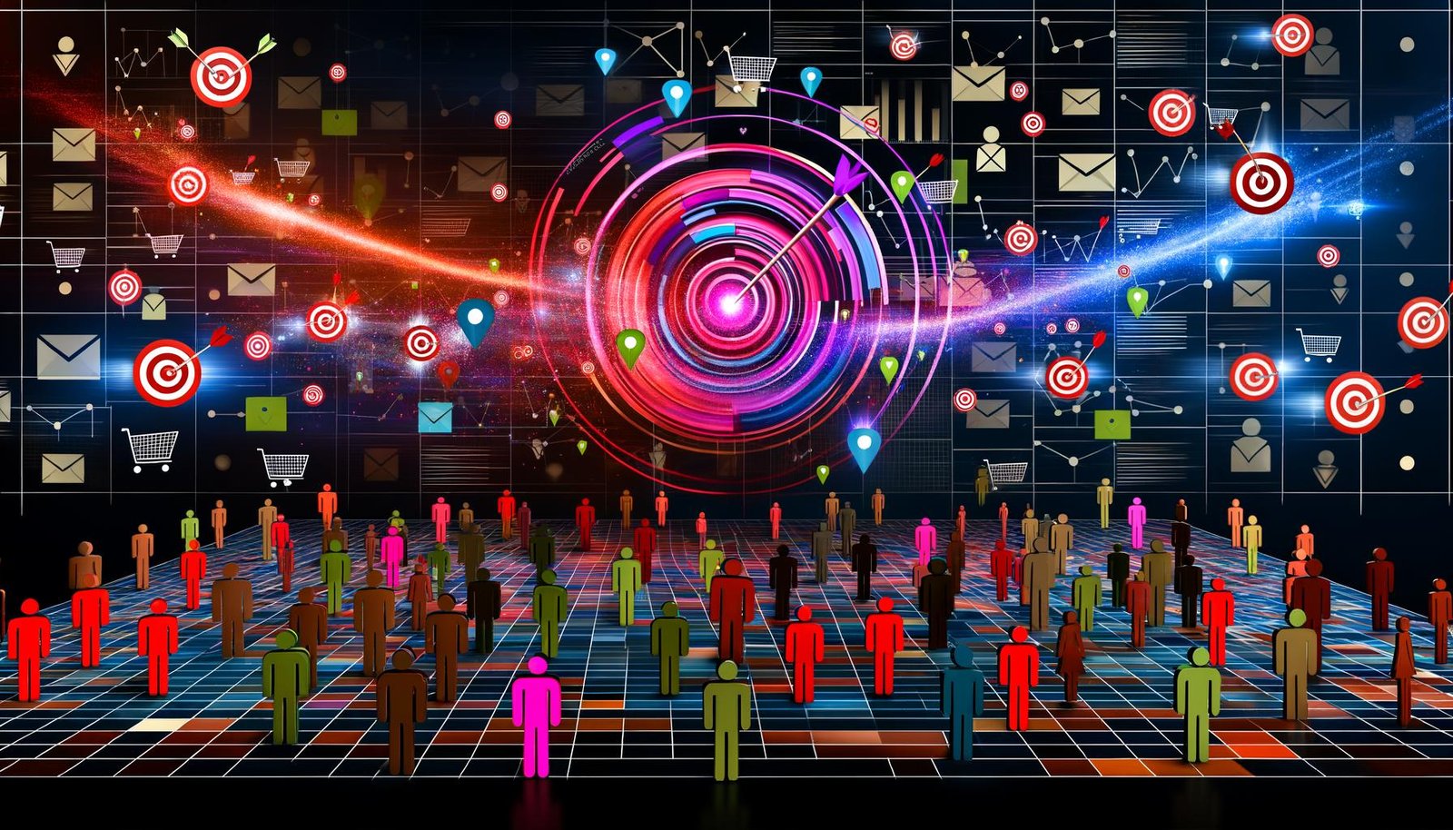 Digitale Illustration einer Menschenmenge mit leuchtenden Datenströmen, Symbolen für Targeting und Marketing sowie vernetzten Dashboards im Hintergrund.
