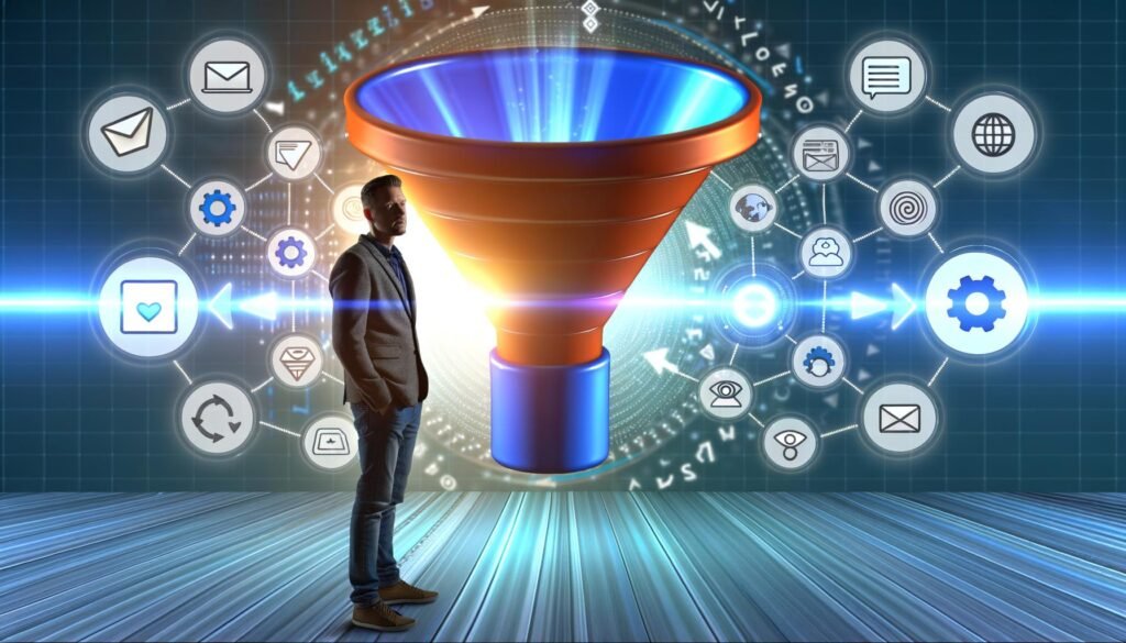 Digital gezeichneter Einzelunternehmer vor einem mehrschichtigen, leuchtenden Zukunfts-Funnel mit Symbolen für Traffic, E-Mail, CRM, Analyse, Automatisierung. Saubere Web-Oberflächen und technische Details im Hintergrund.