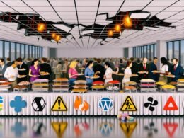 Lively Büro mit Mitarbeitern, die sich an einem Buffet mit Symbolen von Open-Source-Software bedienen, während Risse in der Decke und kleine Flammen auf technische Probleme hinweisen.