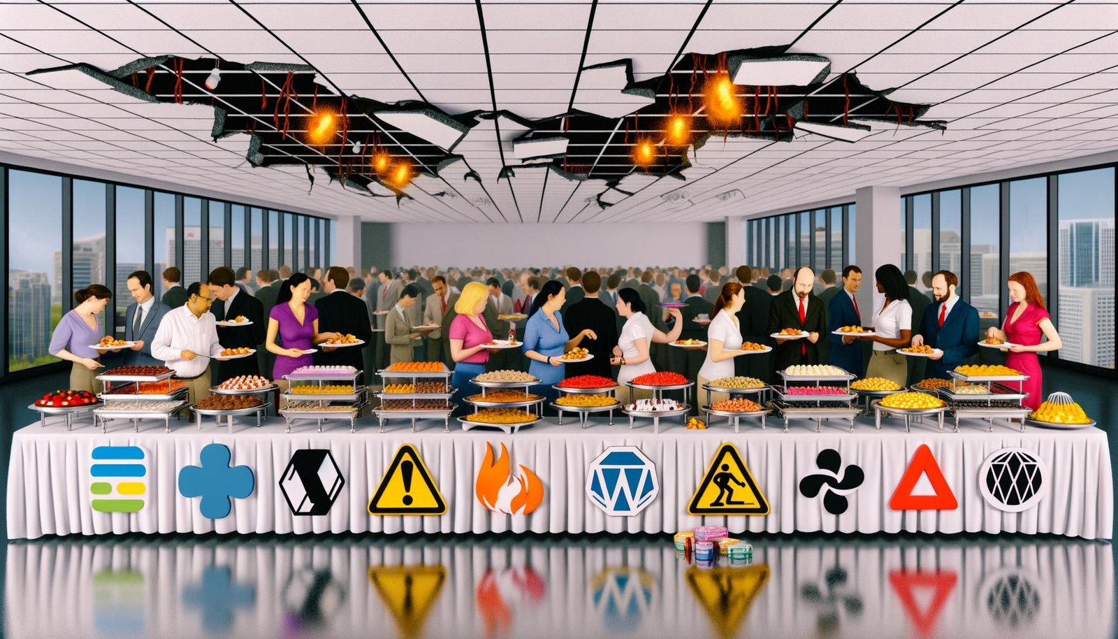 Lively Büro mit Mitarbeitern, die sich an einem Buffet mit Symbolen von Open-Source-Software bedienen, während Risse in der Decke und kleine Flammen auf technische Probleme hinweisen.