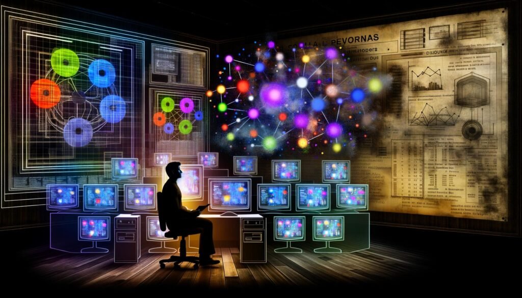 Futuristischer Raum mit Marketer vor Monitoren, die bunte Cluster-Diagramme und komplexe Datenanalysen für modernes Online-Marketing zeigen