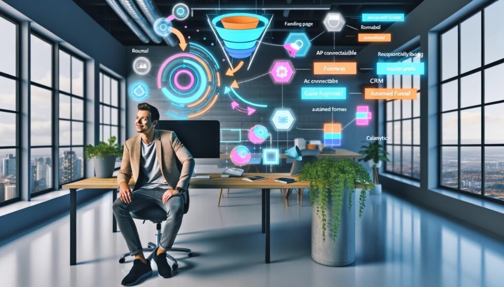 Junger Einzelunternehmer an cleanem Schreibtisch im Loft-Büro, umgeben von holografischen Workflow-Diagrammen und UI-Elementen, die einen automatisierten Webflow Funnel zeigen.