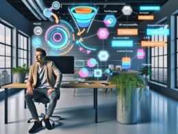 Junger Einzelunternehmer an cleanem Schreibtisch im Loft-Büro, umgeben von holografischen Workflow-Diagrammen und UI-Elementen, die einen automatisierten Webflow Funnel zeigen.