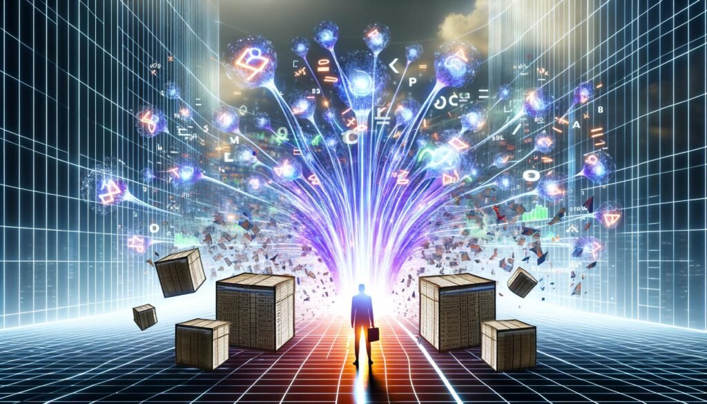 Futuristisches Marketing-Team umgeben von leuchtenden Datenströmen, Diagrammen und verschachtelten Entscheidungsbäumen als Symbol für XGBoost. Im Hintergrund wehen alte Excel-Sheets im urbanen, farbstarken Setting davon.