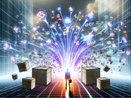 Futuristisches Marketing-Team umgeben von leuchtenden Datenströmen, Diagrammen und verschachtelten Entscheidungsbäumen als Symbol für XGBoost. Im Hintergrund wehen alte Excel-Sheets im urbanen, farbstarken Setting davon.