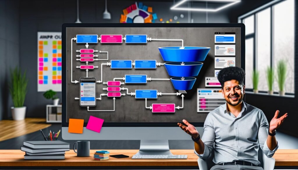 Einzelunternehmer sitzt am modernen Schreibtisch vor großem Bildschirm mit Webflow-Funnel und Automations-Symbolen, umgeben von minimalistischem Büro und farbigen Funnel-Diagrammen.