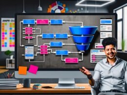 Einzelunternehmer sitzt am modernen Schreibtisch vor großem Bildschirm mit Webflow-Funnel und Automations-Symbolen, umgeben von minimalistischem Büro und farbigen Funnel-Diagrammen.
