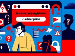 Moderne, minimalistische Illustration einer enttäuschten Person vor einer großen Paywall am Computer, im Hintergrund Social-Media-Icons und diskutierende Menschen.