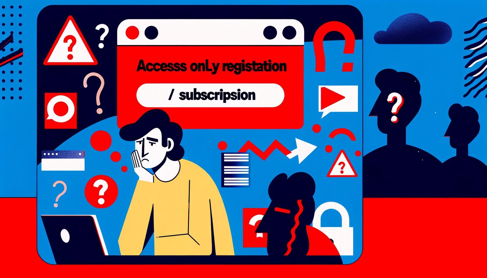 Moderne, minimalistische Illustration einer enttäuschten Person vor einer großen Paywall am Computer, im Hintergrund Social-Media-Icons und diskutierende Menschen.