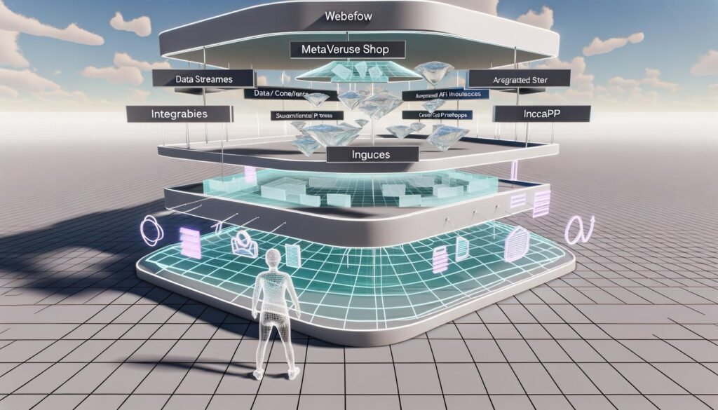 Visuell beeindruckender, moderner 3D-Webflow Metaverse Shop mit schwebender Navigation, Avataren und interaktiven 3D-Produkten in einem klaren, futuristischen Digitalraum.