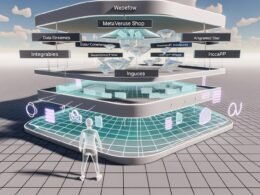 Visuell beeindruckender, moderner 3D-Webflow Metaverse Shop mit schwebender Navigation, Avataren und interaktiven 3D-Produkten in einem klaren, futuristischen Digitalraum.