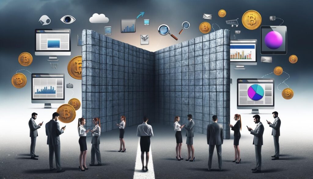Metaphorisches Bild einer Paywall: Nutzer stehen ratlos vor einer massiven Wand auf einer Website, dahinter jubeln Marketer mit Daten, Goldmünzen und Zeitschriften; moderne Internet-Elemente verblassen im Hintergrund.