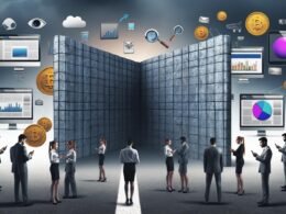 Metaphorisches Bild einer Paywall: Nutzer stehen ratlos vor einer massiven Wand auf einer Website, dahinter jubeln Marketer mit Daten, Goldmünzen und Zeitschriften; moderne Internet-Elemente verblassen im Hintergrund.