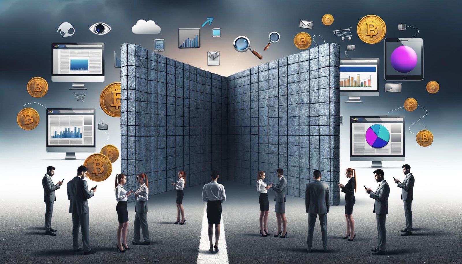 Metaphorisches Bild einer Paywall: Nutzer stehen ratlos vor einer massiven Wand auf einer Website, dahinter jubeln Marketer mit Daten, Goldmünzen und Zeitschriften; moderne Internet-Elemente verblassen im Hintergrund.