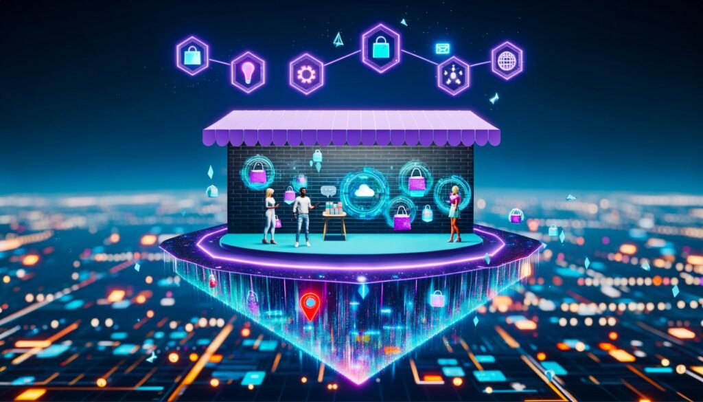 Futuristischer digitaler Store schwebt in einer leuchtenden Metaverse-Stadt mit holographischen 3D-Produkten, Avataren, VR-Interfaces und Blockchain-Symbolen.