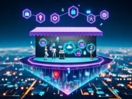 Futuristischer digitaler Store schwebt in einer leuchtenden Metaverse-Stadt mit holographischen 3D-Produkten, Avataren, VR-Interfaces und Blockchain-Symbolen.