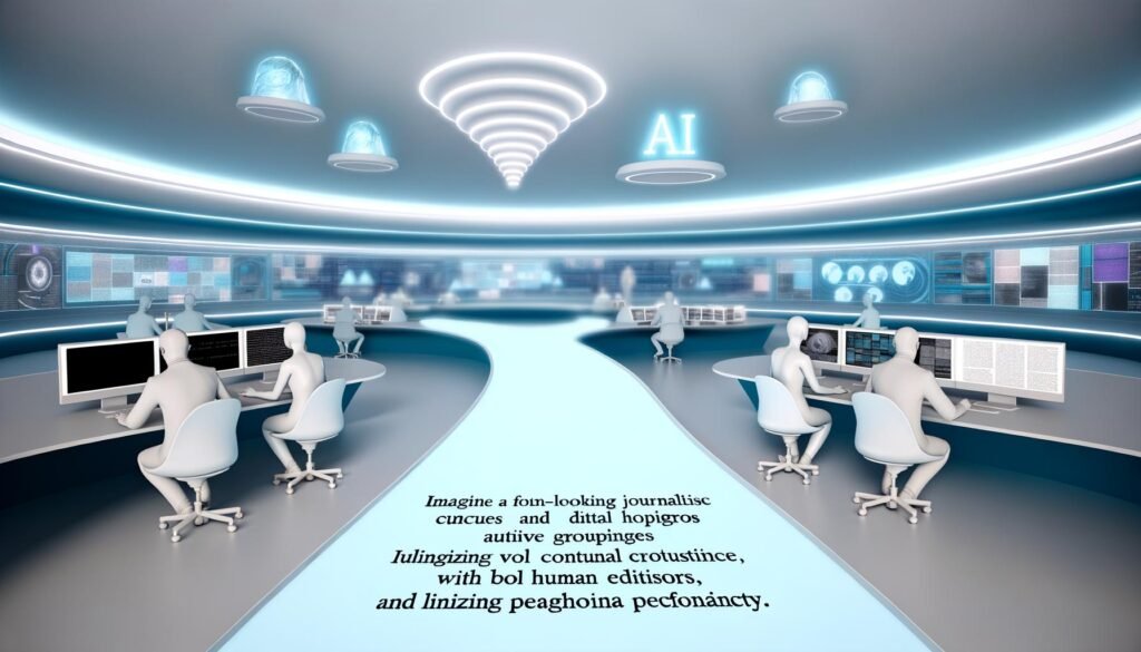 Futuristischer Newsroom mit Journalisten an geschwungenen Bildschirmen und KI-Hologrammen in blau-weiß beleuchtetem Raum