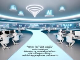 Futuristischer Newsroom mit Journalisten an geschwungenen Bildschirmen und KI-Hologrammen in blau-weiß beleuchtetem Raum