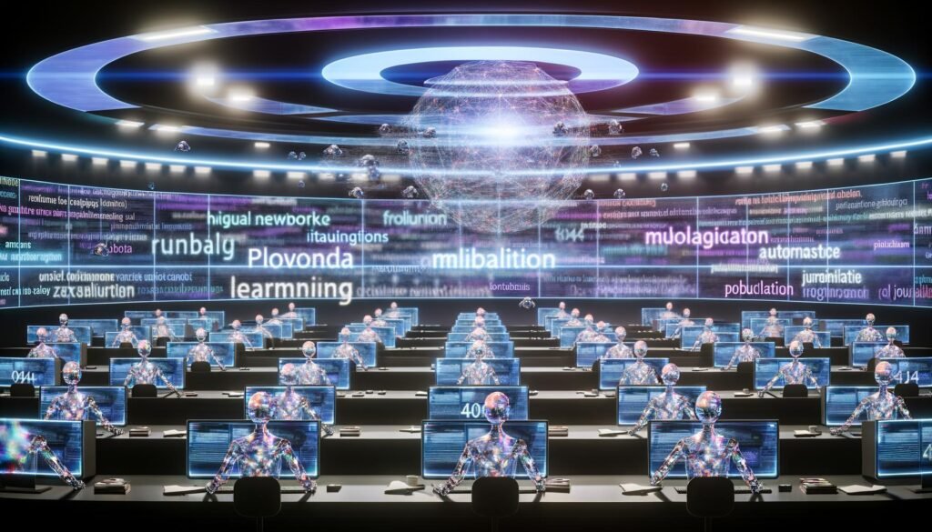 Futuristischer Newsroom mit Hologramm-Bildschirmen, menschlichen und robotischen Redakteuren, zentralem neuronalen Netzwerk und Datenwolken