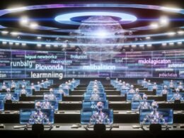 Futuristischer Newsroom mit Hologramm-Bildschirmen, menschlichen und robotischen Redakteuren, zentralem neuronalen Netzwerk und Datenwolken