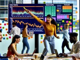 Kreatives Marketing-Team analysiert Zeitreihendaten und Prognosemodelle wie ARIMA und Prophet an digitalen Screens in einem modernen Büro.