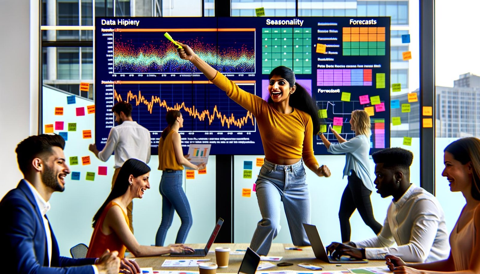 Kreatives Marketing-Team analysiert Zeitreihendaten und Prognosemodelle wie ARIMA und Prophet an digitalen Screens in einem modernen Büro.