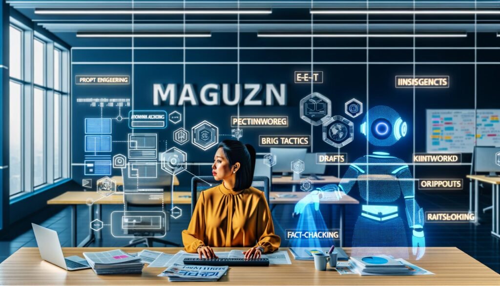 Redakteur und KI-Assistent überprüfen gemeinsam Dokumente, Analysen und Strategien in einer modernen digitalen Redaktion mit Whiteboard-Begriffen wie E-E-A-T und Prompt Engineering.