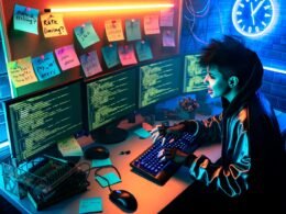 Cyberpunk-Hacker-Arbeitsplatz mit mehreren Monitoren, Python-Code, JSON-Daten, Netzwerkverkehr, Browser DevTools und Notizen zu Rate-Limiting und JWT im Hintergrund.