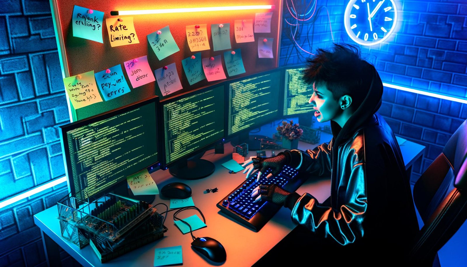 Cyberpunk-Hacker-Arbeitsplatz mit mehreren Monitoren, Python-Code, JSON-Daten, Netzwerkverkehr, Browser DevTools und Notizen zu Rate-Limiting und JWT im Hintergrund.