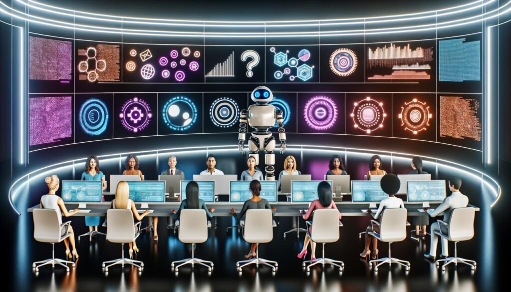 Futuristischer Newsroom mit digitalen Bildschirmen, holografischen Interfaces, diversen Marketing- und Redaktionsteams, KI-Dashboards, Roboterarmen und Icons für maschinelles Lernen.