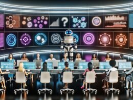 Futuristischer Newsroom mit digitalen Bildschirmen, holografischen Interfaces, diversen Marketing- und Redaktionsteams, KI-Dashboards, Roboterarmen und Icons für maschinelles Lernen.
