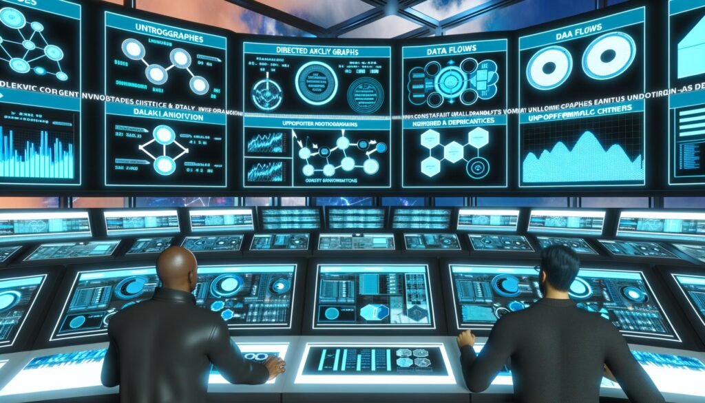 Illustration eines modernen Kontrollraums mit Ingenieuren, die Echtzeit-Datendashboards und leuchtende Airflow-DAGs überwachen.