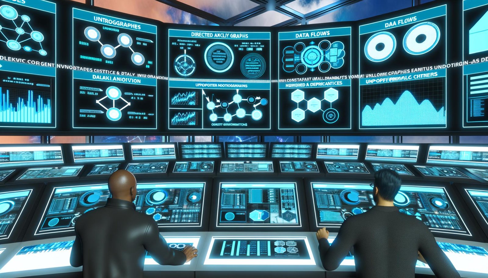 Illustration eines modernen Kontrollraums mit Ingenieuren, die Echtzeit-Datendashboards und leuchtende Airflow-DAGs überwachen.