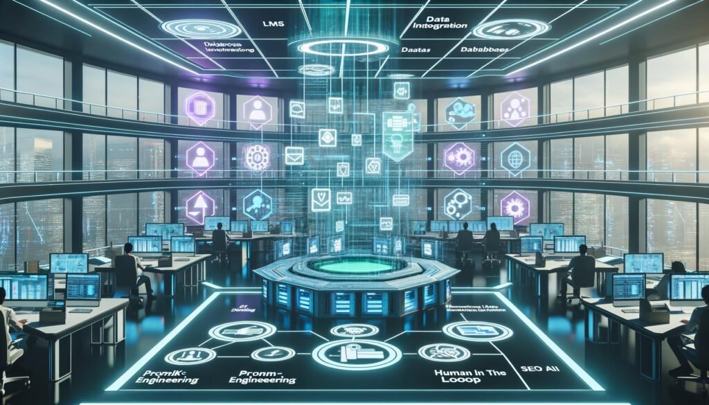 Futuristisches Redaktionsbüro mit digitalem KI-Stack, Redakteuren und Datenwissenschaftlern an einem transparenten Tisch, umgeben von leuchtenden Keyword-Verbindungen.