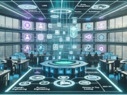 Futuristisches Redaktionsbüro mit digitalem KI-Stack, Redakteuren und Datenwissenschaftlern an einem transparenten Tisch, umgeben von leuchtenden Keyword-Verbindungen.