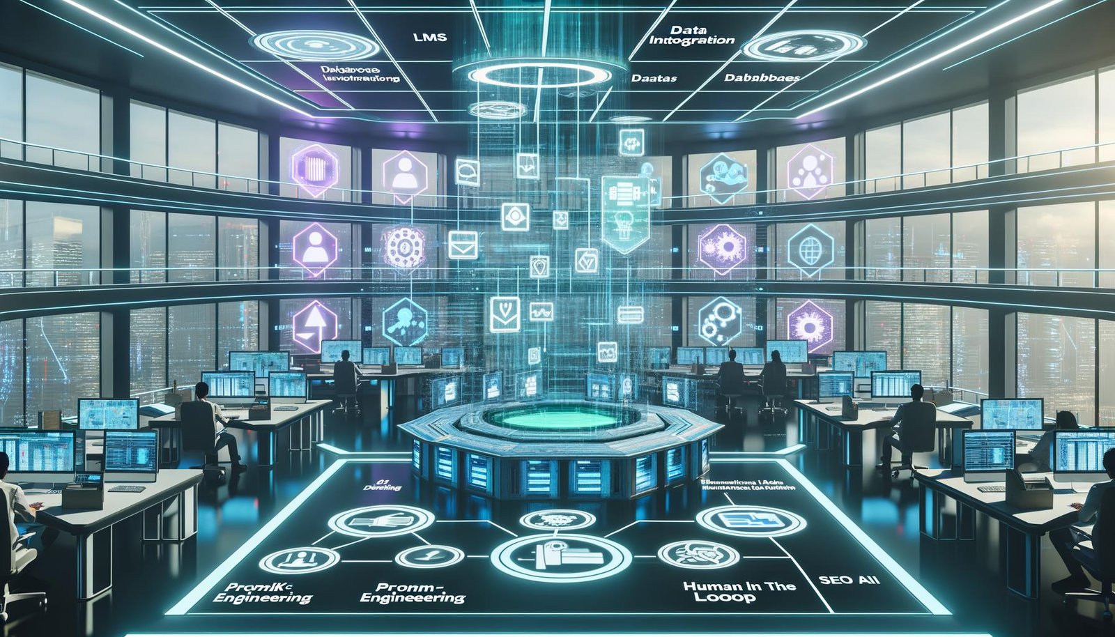 Futuristisches Redaktionsbüro mit digitalem KI-Stack, Redakteuren und Datenwissenschaftlern an einem transparenten Tisch, umgeben von leuchtenden Keyword-Verbindungen.