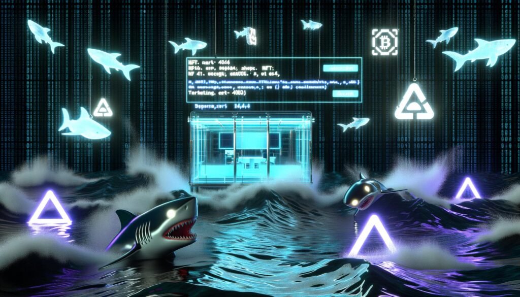 Cyberpunk Magazin-Cover mit gläsernem Online-Shop, Blockchain, LED-Haien, NFT-Symbolen, MetaMask-Logo und digitalen Wellen mit Error-404-Hinweisen.