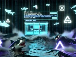 Cyberpunk Magazin-Cover mit gläsernem Online-Shop, Blockchain, LED-Haien, NFT-Symbolen, MetaMask-Logo und digitalen Wellen mit Error-404-Hinweisen.