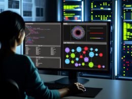 Dashboard im Dunkelmodus zeigt farbige Datenflüsse und Statusanzeigen, Data Engineer arbeitet konzentriert davor, Serverracks und Code auf zusätzlichen Monitoren sichtbar.