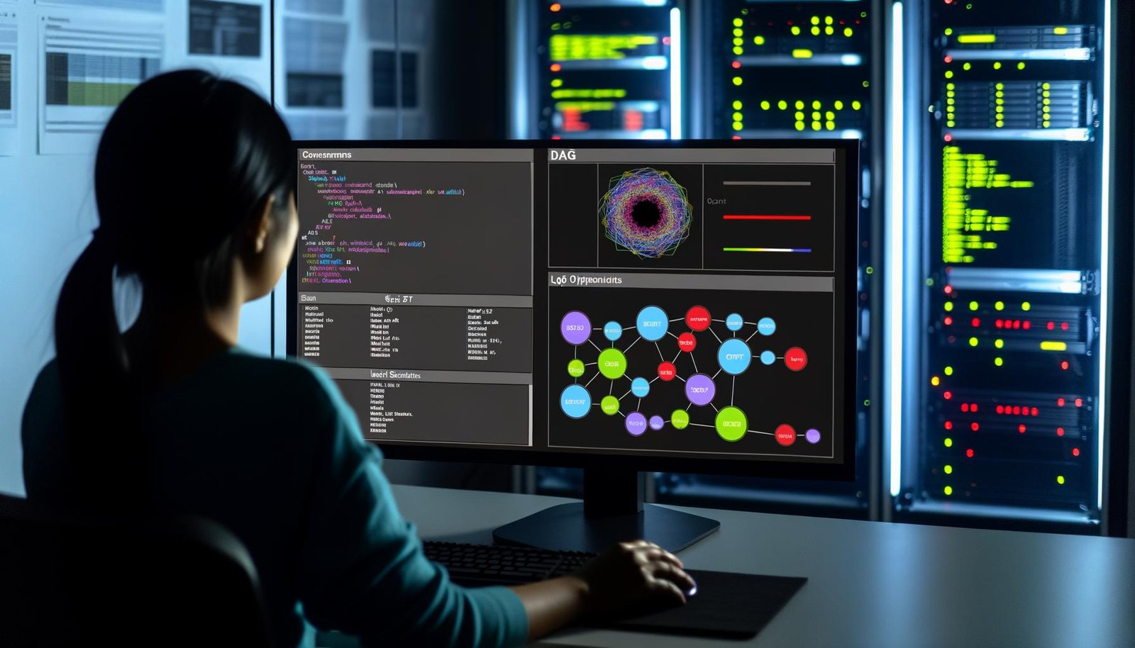 Dashboard im Dunkelmodus zeigt farbige Datenflüsse und Statusanzeigen, Data Engineer arbeitet konzentriert davor, Serverracks und Code auf zusätzlichen Monitoren sichtbar.
