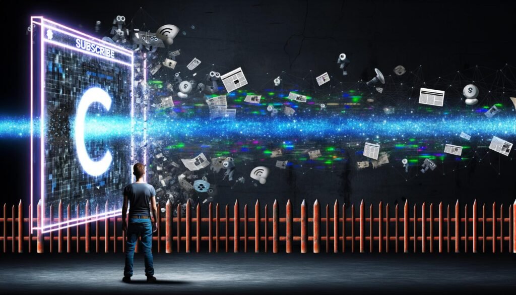 Satirische digitale Illustration eines Nutzers vor einer neonbeleuchteten Paywall mit unerreichbaren Nachrichten, Abonnieren-Buttons, verstecktem Googlebot und chaotischen Datenströmen.