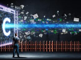 Satirische digitale Illustration eines Nutzers vor einer neonbeleuchteten Paywall mit unerreichbaren Nachrichten, Abonnieren-Buttons, verstecktem Googlebot und chaotischen Datenströmen.