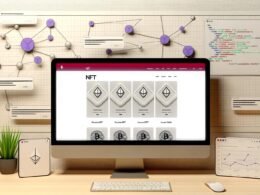 Moderne, minimalistische Webflow Website mit NFT-Shop, Preisen in Krypto und prominenten Blockchain- und Wallet-Design-Elementen auf großem Monitor