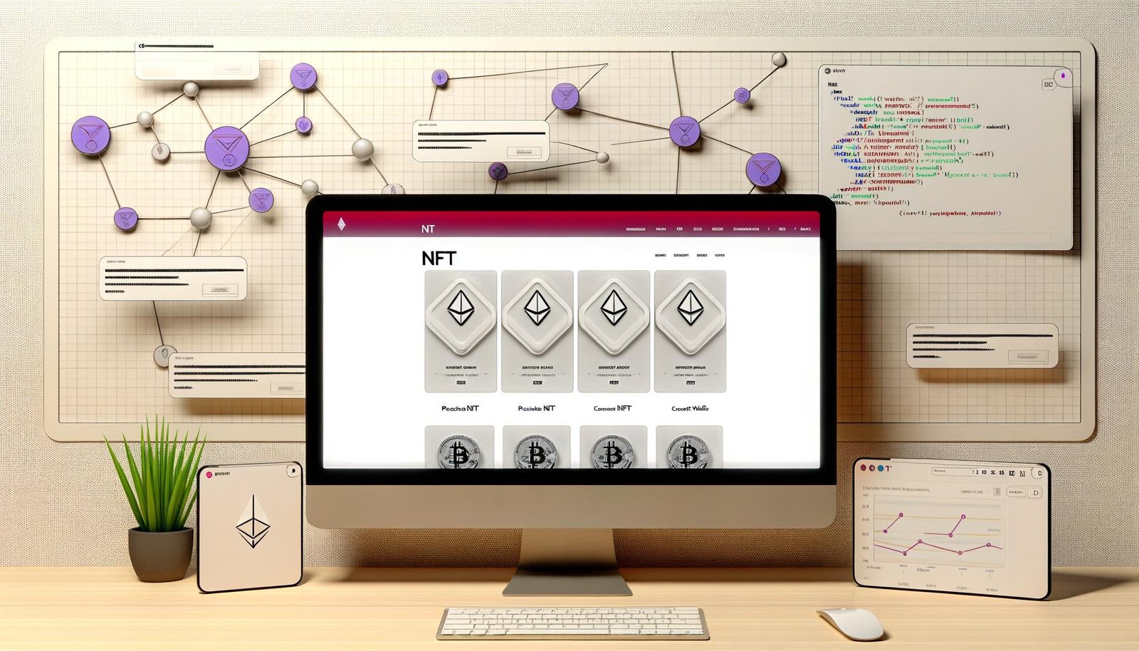 Moderne, minimalistische Webflow Website mit NFT-Shop, Preisen in Krypto und prominenten Blockchain- und Wallet-Design-Elementen auf großem Monitor