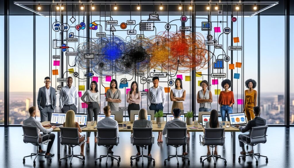 Marketing-Team arbeitet fokussiert vor transparenten Bildschirmen mit farbigen Workflow-Diagrammen, die Marketingautomatisierung und Datenaustausch in einem modernen, technologiegetriebenen Büro zeigen.